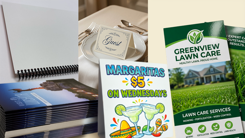 Spiral bound books, table-tents and laminated rack cards